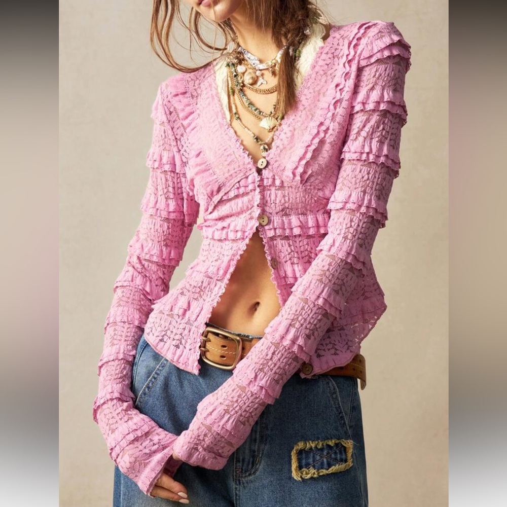 Pink Ruffled Button-Up Top - Picture 3 of 7
